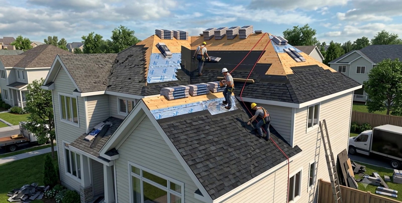 Roofing crew installing a new roof